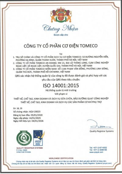 Chứng nhận ISO của quạt công nghiệp TOMECO